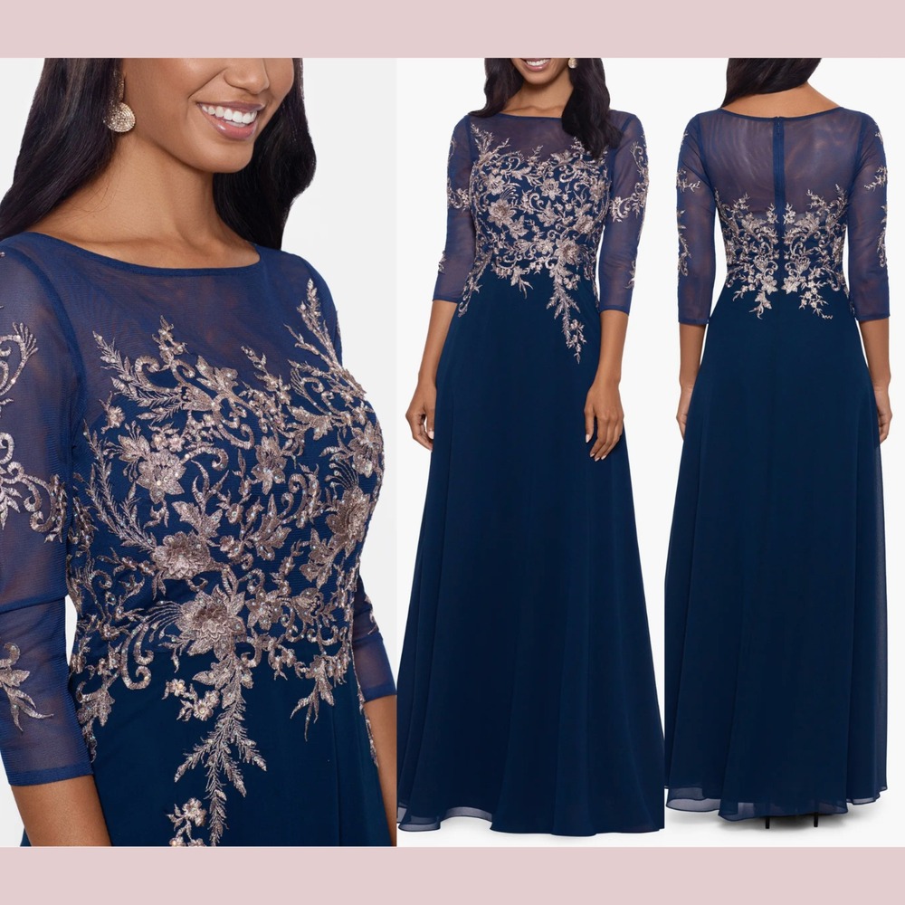 NWT $299 Betsy & Adam [ 4P ]‎ Brooklyn Metallic Embroidered Gown Navy Rose J1948